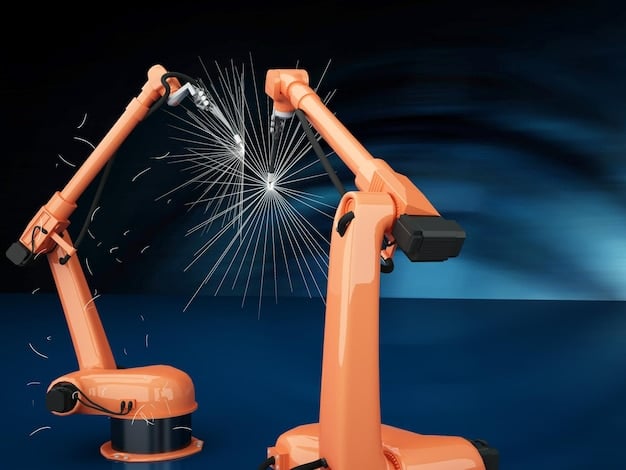 A close-up view of a robotic arm precisely welding parts in a US manufacturing facility, showcasing the accuracy and efficiency of automation. Safety barriers are visible in the background.