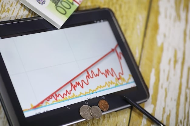 A visual representation of a lender reviewing a small business loan application, with charts and graphs in the background indicating the risk assessment process influenced by inflation.